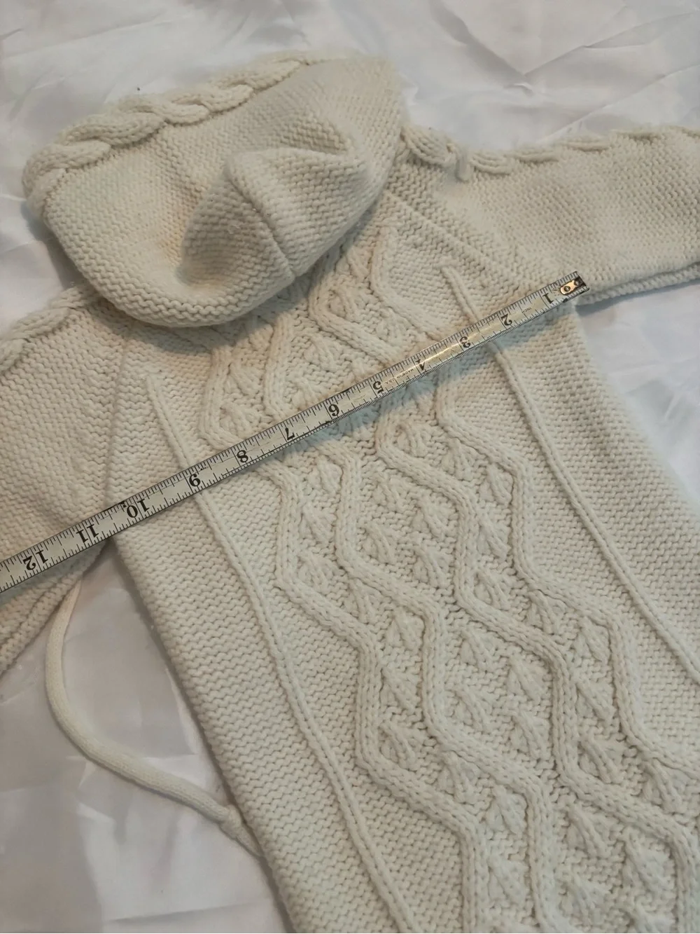 Vintage Cream Cable Knit Hooded Baby Bunting zip up one piece coat
